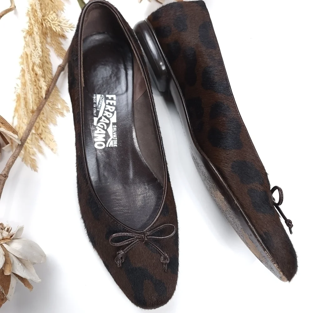 Salvatore Ferragamo Brown Black Leopard Fur Loafer Flats Sz 8½B